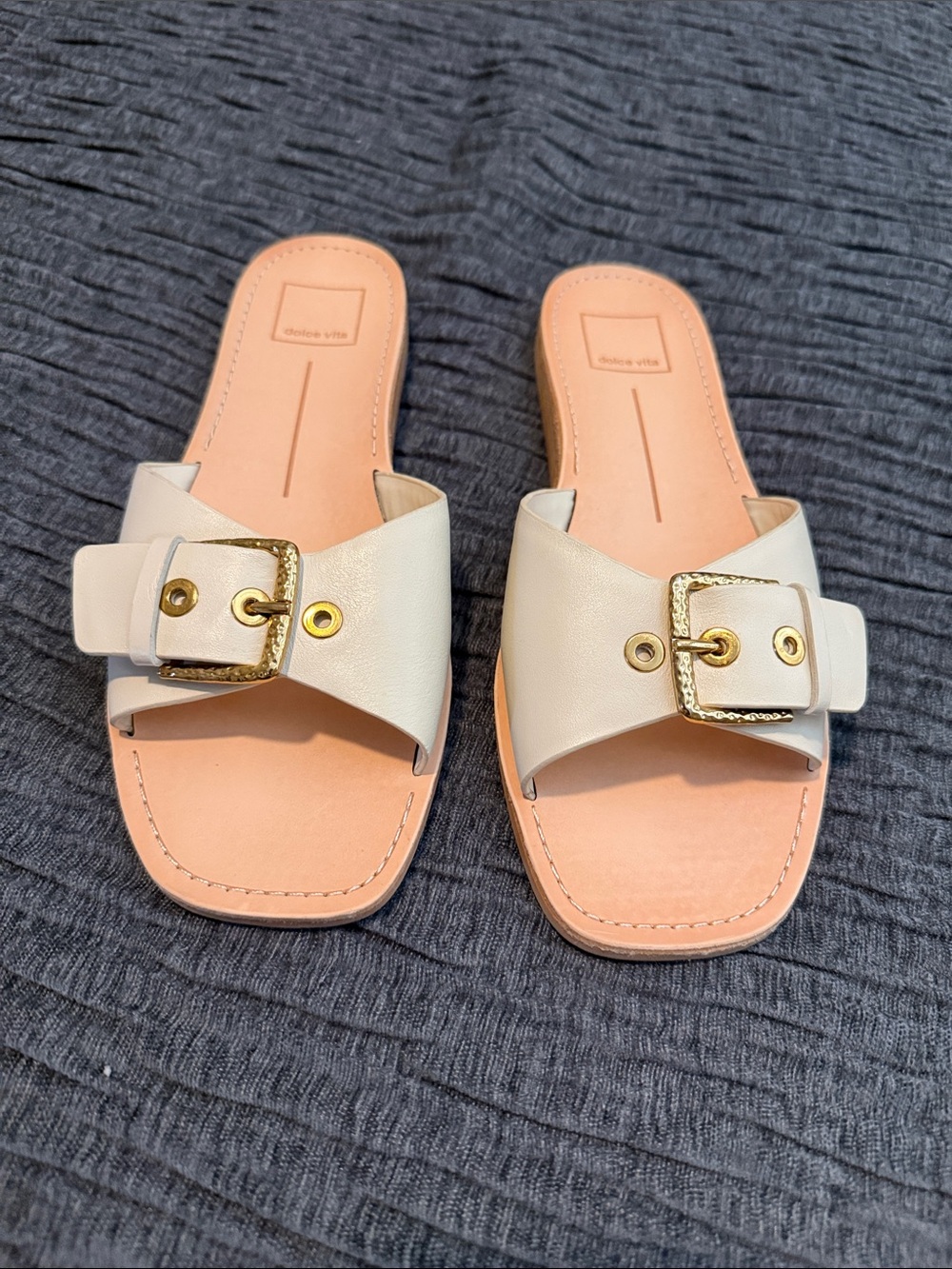 Dolce Vita Ivory Slide Sandals with Gold Buckle